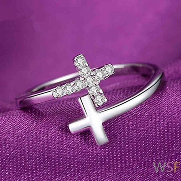 Women Fashion Cross Ring Silver Plated Open Ring