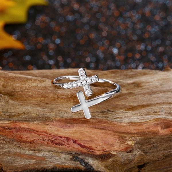 Women Fashion Cross Ring Silver Plated Open Ring