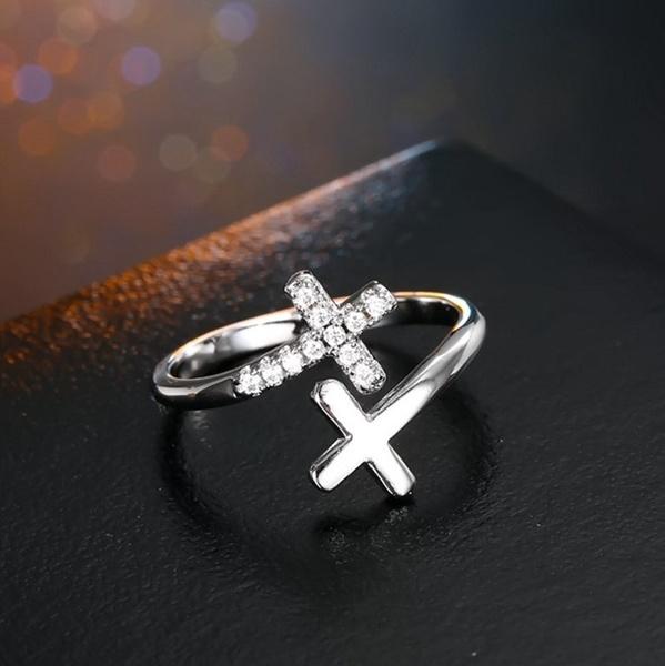 Women Fashion Cross Ring Silver Plated Open Ring