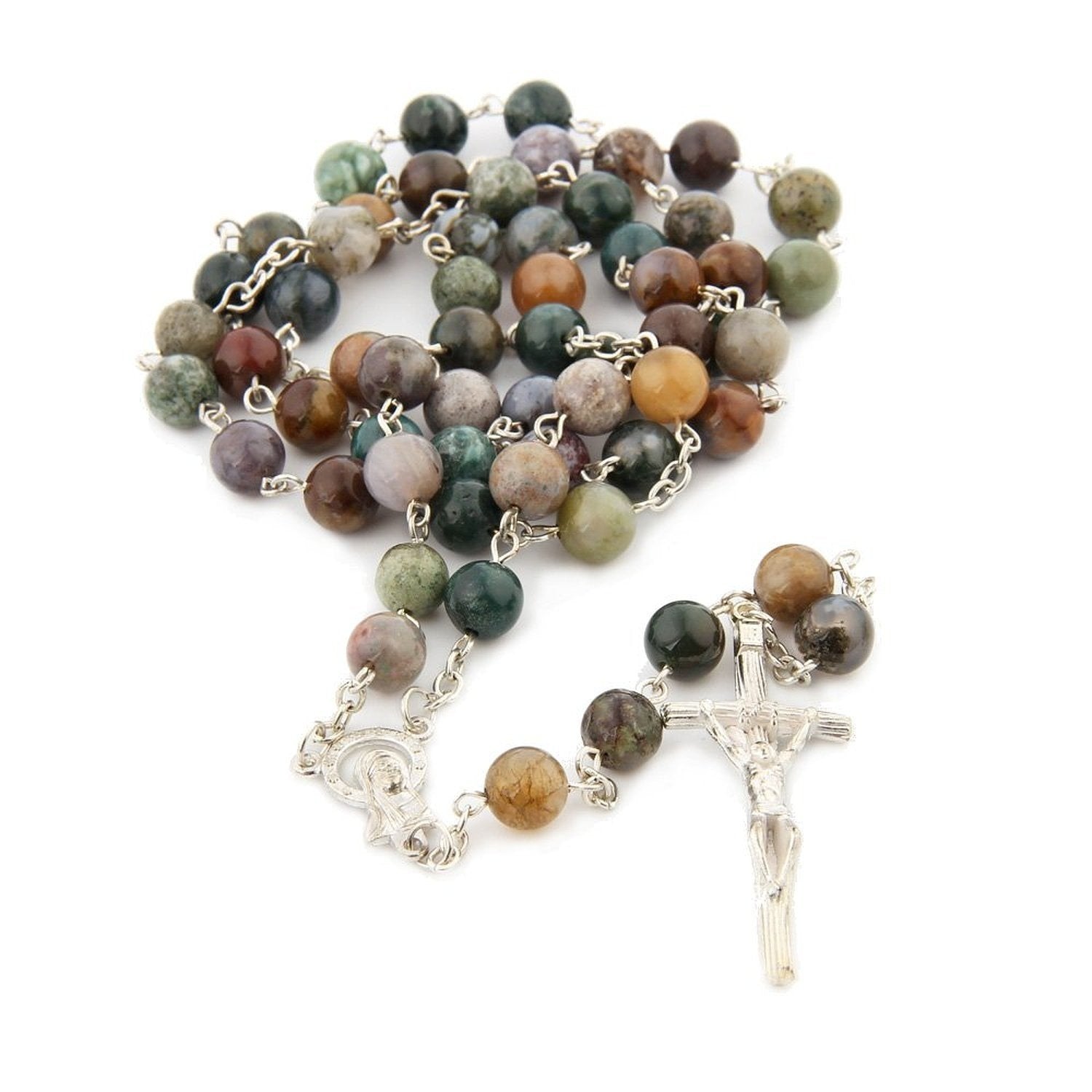 Stone Beads Rosary Sterling Silver Cross