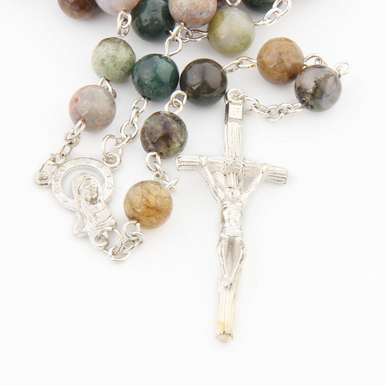 Stone Beads Rosary Sterling Silver Cross