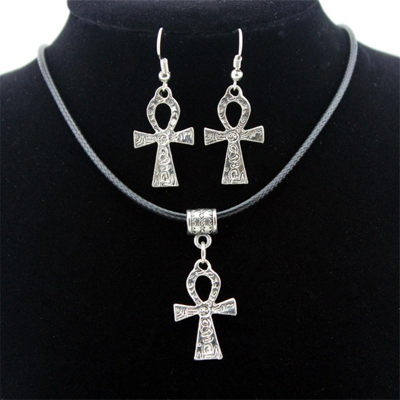 Silver Carved Ankh Cross Necklace & Earrings