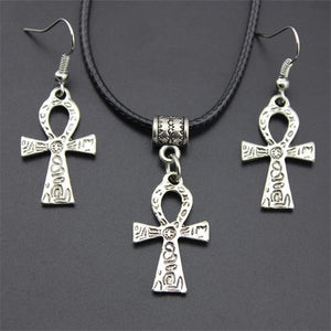 Silver Carved Ankh Cross Necklace & Earrings