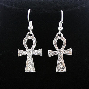 Silver Carved Ankh Cross Necklace & Earrings