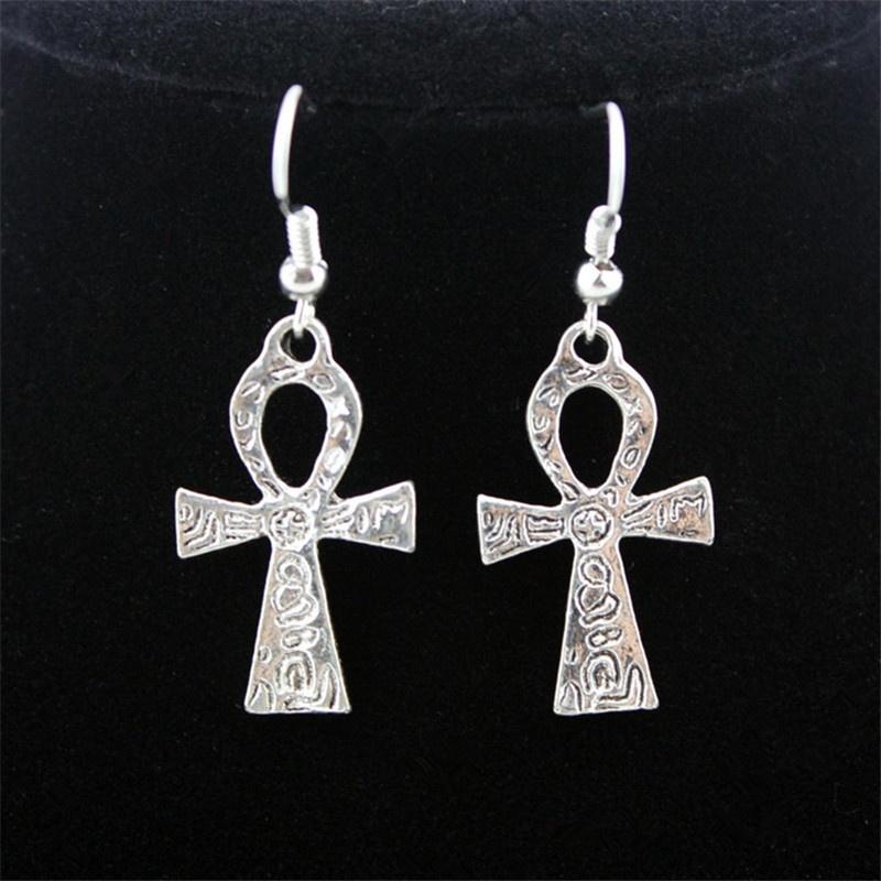 Silver Carved Ankh Cross Necklace & Earrings