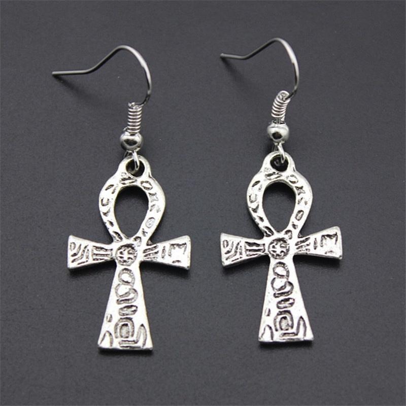 Silver Carved Ankh Cross Necklace & Earrings