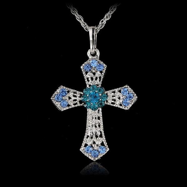 CROSS Rhinestone Crystal Pendant Sweater Chain Necklace