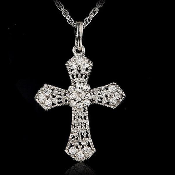 CROSS Rhinestone Crystal Pendant Sweater Chain Necklace