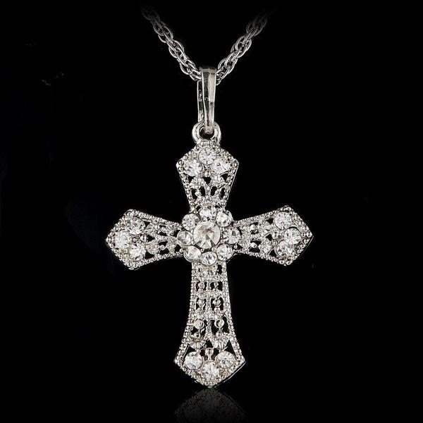 CROSS Rhinestone Crystal Pendant Sweater Chain Necklace