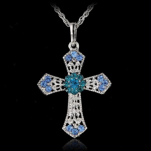 CROSS Rhinestone Crystal Pendant Sweater Chain Necklace