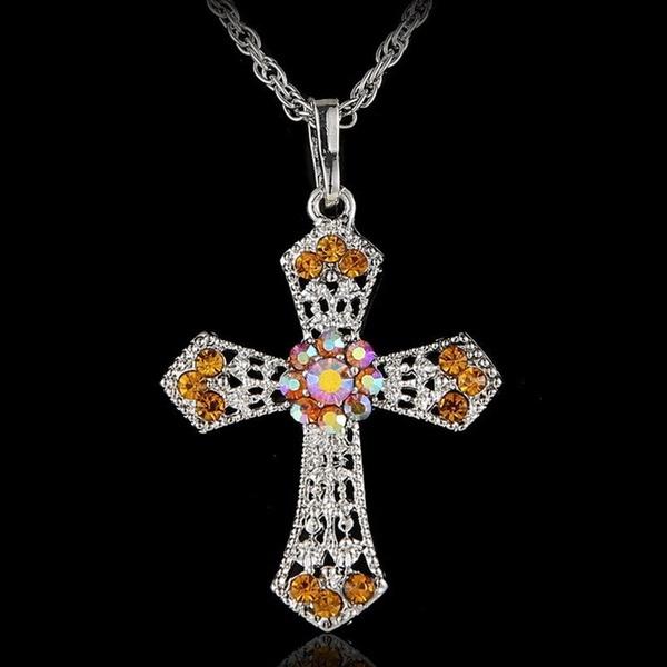 CROSS Rhinestone Crystal Pendant Sweater Chain Necklace