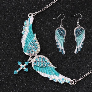 Crystal Wings Earrings Necklace Angel Wings Cross