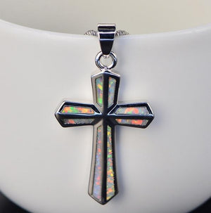 Silver White Opal Gemstone Cross Pendant Necklace