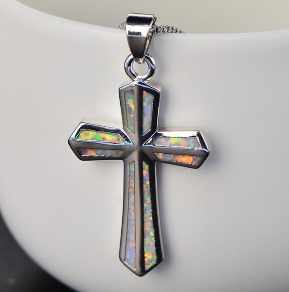 Silver White Opal Gemstone Cross Pendant Necklace