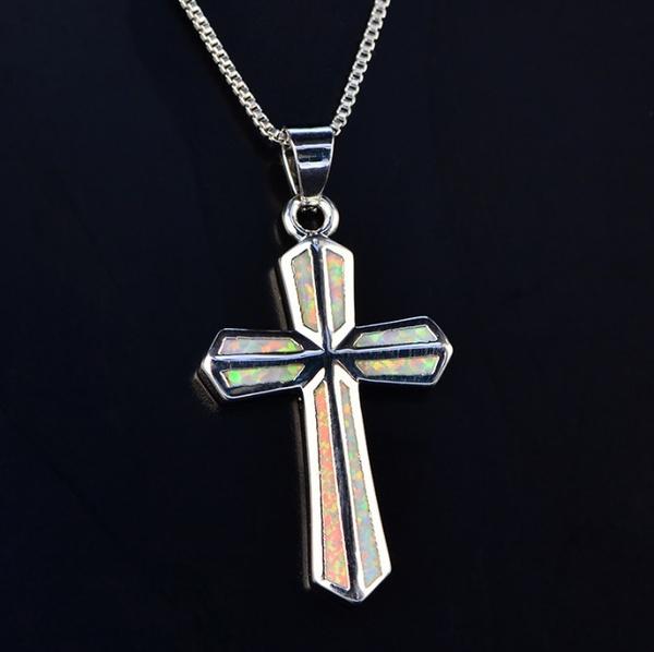 Silver White Opal Gemstone Cross Pendant Necklace