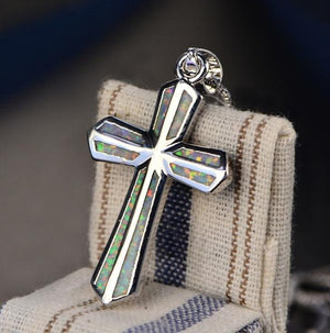 Silver White Opal Gemstone Cross Pendant Necklace