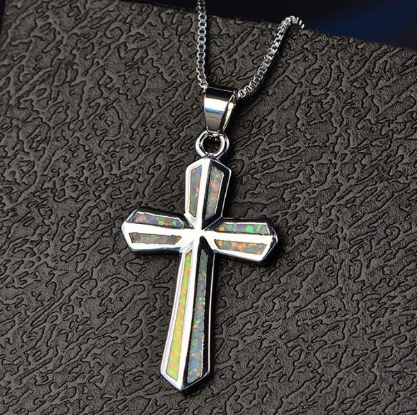 Silver White Opal Gemstone Cross Pendant Necklace