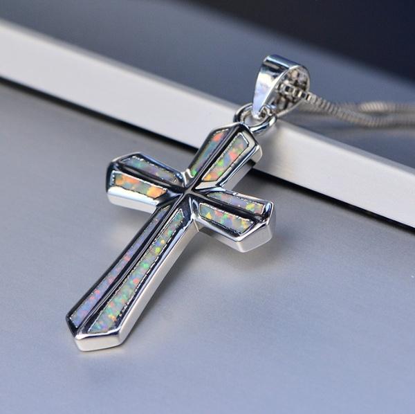 Silver White Opal Gemstone Cross Pendant Necklace