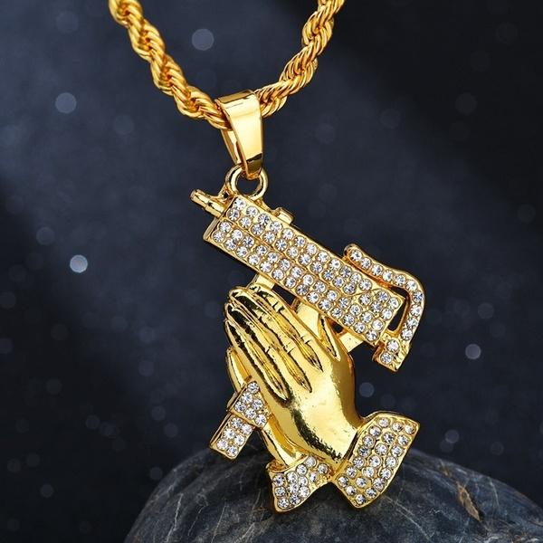 Iced Out Gold Color Pray hands with Gun