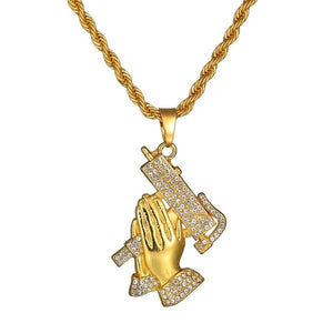 Iced Out Gold Color Pray hands with Gun