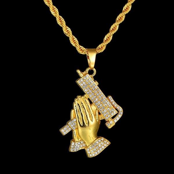 Iced Out Gold Color Pray hands with Gun