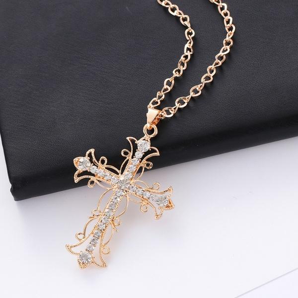 Cross Necklace crystal diamond gold christ Sweater chain