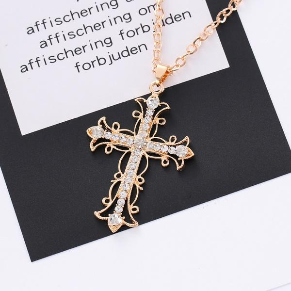 Cross Necklace crystal diamond gold christ Sweater chain