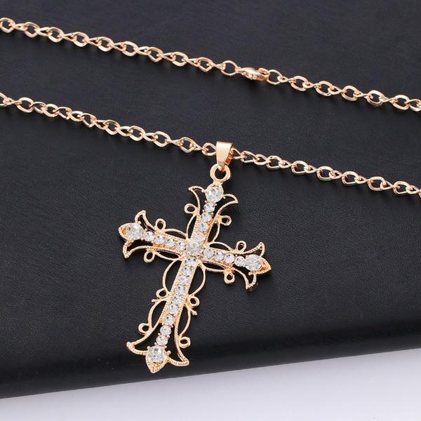 Cross Necklace crystal diamond gold christ Sweater chain