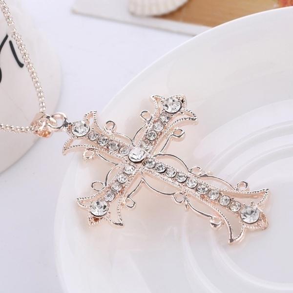 Cross Necklace crystal diamond gold christ Sweater chain