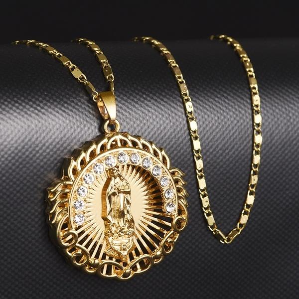 Virgin Mary Necklace 18k Gold Blessed Miraculous Round Medal