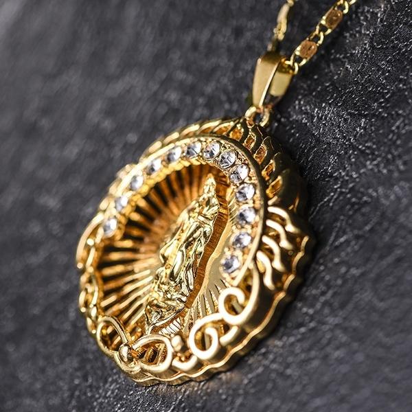 Virgin Mary Necklace 18k Gold Blessed Miraculous Round Medal