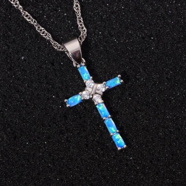 Luxury 925 Sterling Silver Blue Opal Cross Pendant