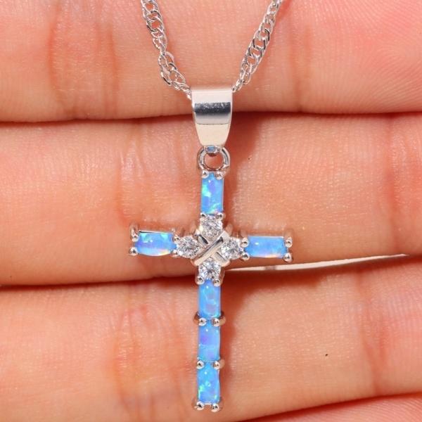 Luxury 925 Sterling Silver Blue Opal Cross Pendant