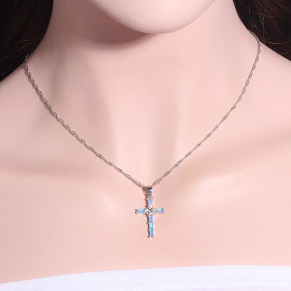 Luxury 925 Sterling Silver Blue Opal Cross Pendant