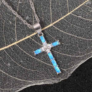 Luxury 925 Sterling Silver Blue Opal Cross Pendant