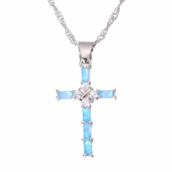 Luxury 925 Sterling Silver Blue Opal Cross Pendant