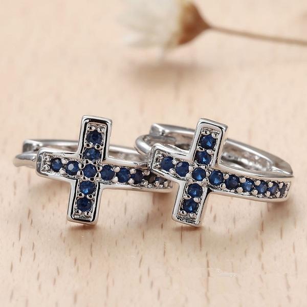 Cross Shaped Earrings Simple cross with blue zircon earrings