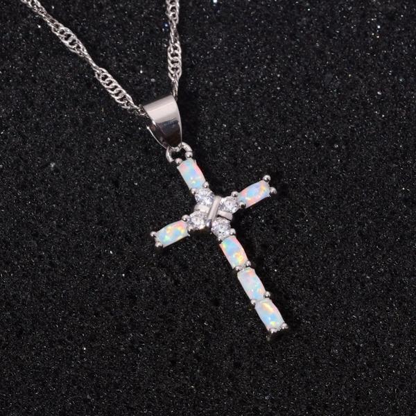 Exquisite Blue Fire Opal Cross Cz 925 Sterling Silver