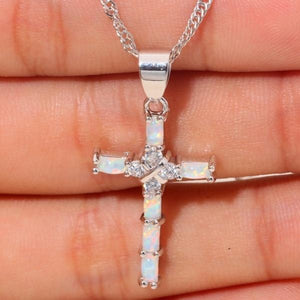 Exquisite Blue Fire Opal Cross Cz 925 Sterling Silver