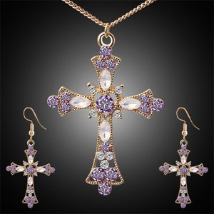 Crystal Necklace Earrings Set Ornaments Cross Pendant & Earrings