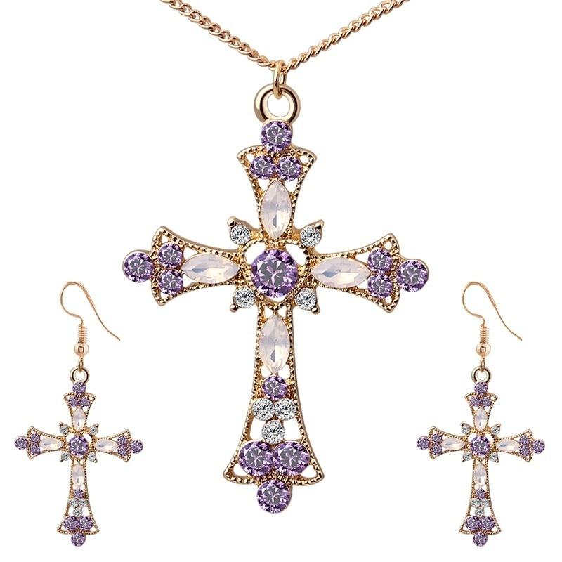 Crystal Necklace Earrings Set Ornaments Cross Pendant & Earrings