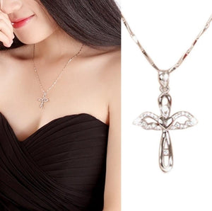 Elegant Silver Angel Wings Cross Pendant Necklace