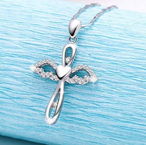 Elegant Silver Angel Wings Cross Pendant Necklace