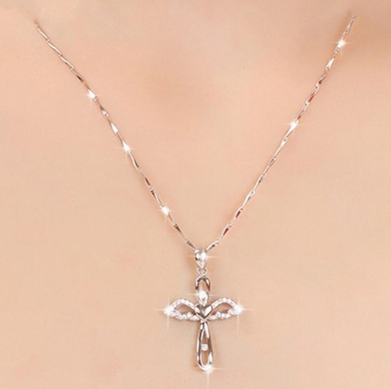 Elegant Silver Angel Wings Cross Pendant Necklace