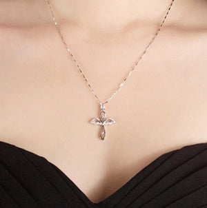 Elegant Silver Angel Wings Cross Pendant Necklace