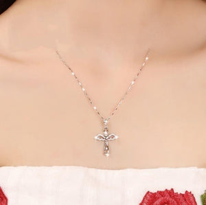 Elegant Silver Angel Wings Cross Pendant Necklace